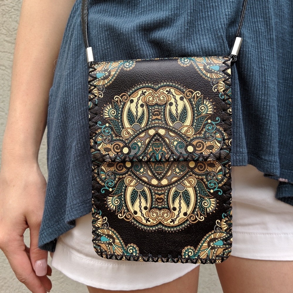 Crossbody handbag.  Dark blue with colorful design